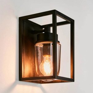 Wandlamp Fitzroy zwart strak stijlvol modern klassiek box design verlichting voor binnen of buiten aan de wand, brons frame stolpglas vlakke achterzijde