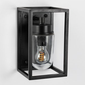 Wandlamp Fitzroy zwart strak stijlvol modern klassiek box design verlichting voor binnen of buiten aan de wand, brons frame stolpglas vlakke achterzijde