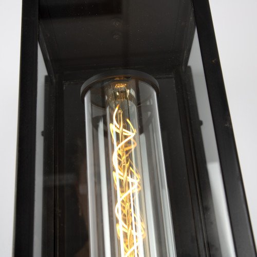lantaarnvormige buitenlamp met zwart afgebrande afwerking en echt glas voor aan de muur handgemaakte design lamp