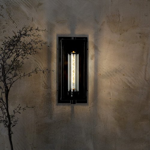 lantaarnvormige buitenlamp met zwart afgebrande afwerking en echt glas voor aan de muur handgemaakte design lamp