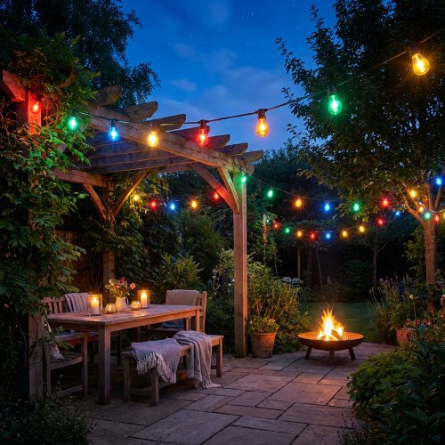 Lichtsnoer Buiten in zwarte kleur met gekleurde led verlichting in de kleuren rood geel blauw groen oranje