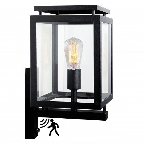 Buitenlamp De Vecht met bewegingssensor, moderne strakke buitenverlichting voor aan de wand, zwarte frame, helder glas, inclusief sensor