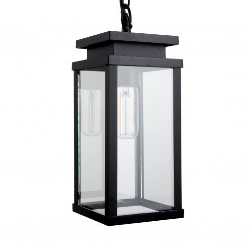 Buiten hanglamp zwart frame met helder glas aan ketting met plafondplaat, veranda lamp van KS Verlichting