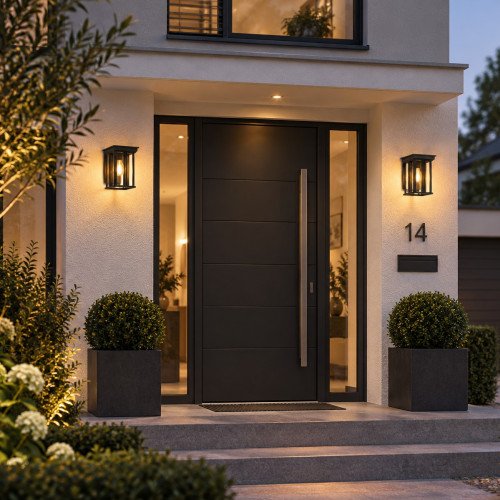 Zwarte wandlamp voor buiten, strak modern klassieke verlichting, box design, heldere beglazing, strakke belijning, zwart frame