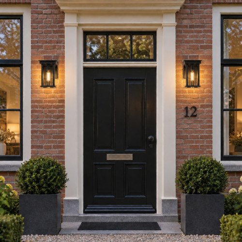 Zwarte wandlamp voor buiten, strak modern klassieke verlichting, box design, heldere beglazing, strakke belijning, zwart frame