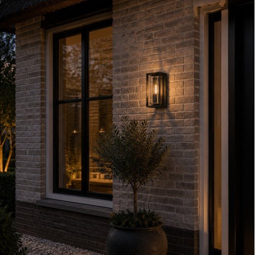 Moderne wandlamp zwart voor buiten aan de gevel, stijlvol strak vormgegeven buitenverlichting met heldere beglazing, box design buitenlamp