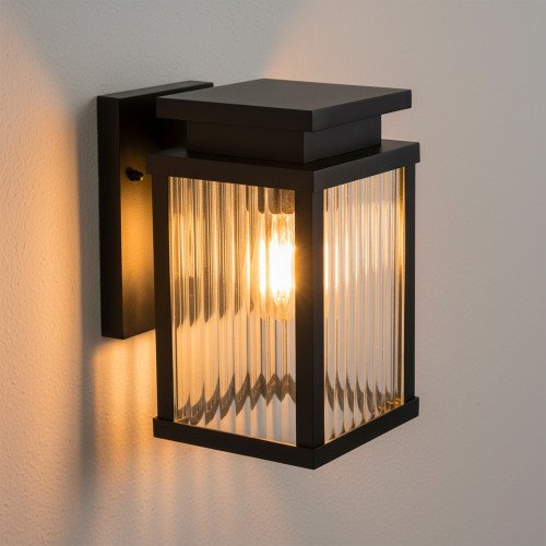 Buitenlamp Ripley muurlamp zwart geribbeld glas