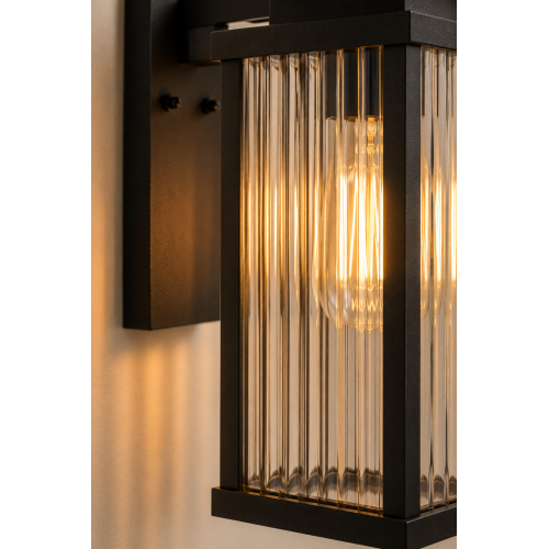 Buitenlamp Ripley muurlamp zwart geribbeld glas