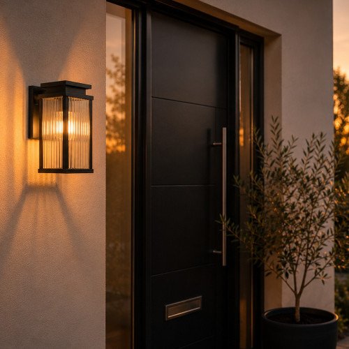 Buitenlamp Ripley muurlamp zwart geribbeld glas