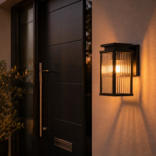 Buitenlamp Ripley muurlamp zwart geribbeld glas