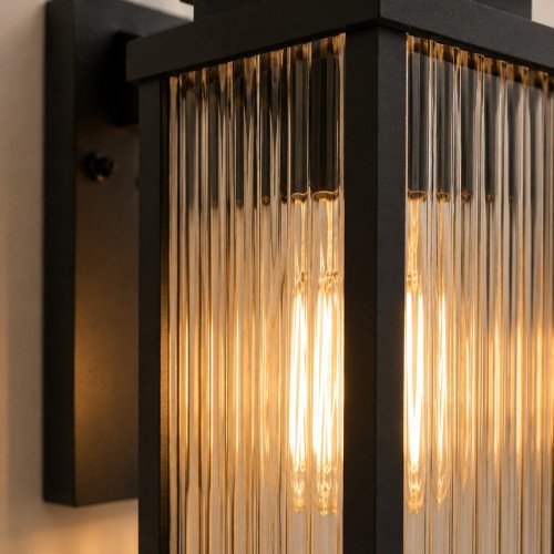 Buitenlamp Ripley muurlamp zwart geribbeld glas