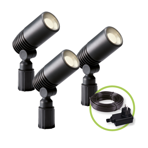 Antracieten buitenlamp welke geschikt is voor buiten met laagspanning 12 volt buitenverlichting prikspot, set, drie stuks