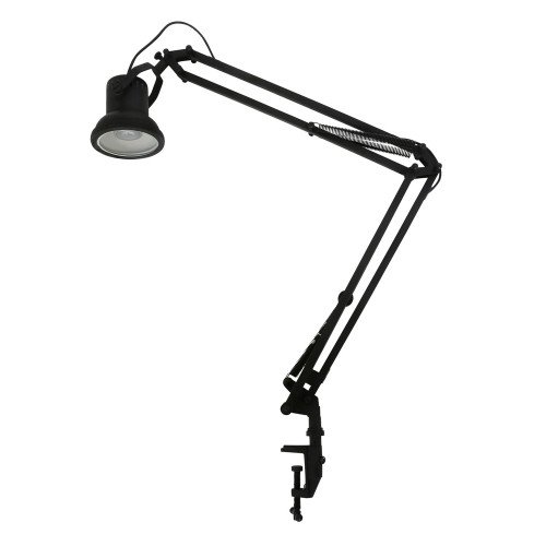 industriële messing tafellamp met bankschroef en knik arm in matzwarte kleur