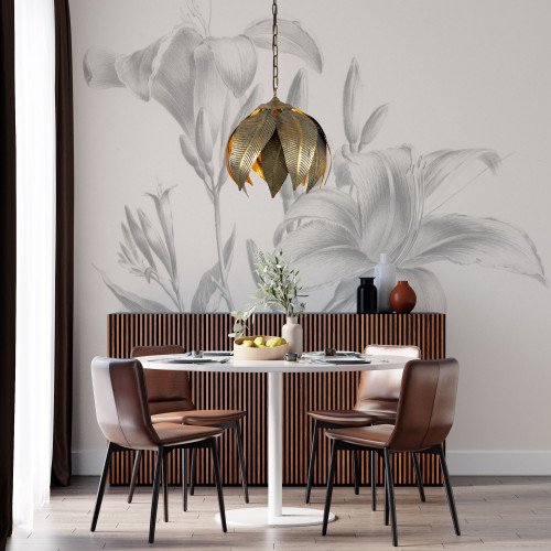 Een prachtige goudkleurige hanglamp. De kap heeft het design van bananenbladen.
