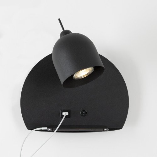 zwarte nachtlamp met gu tien fitting en usb poort voorzien van schakelaar