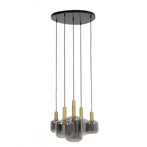 Hanglamp Lekar 5-lichts Rondzwart antiek brons smoke glas