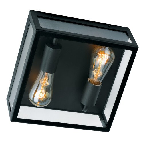 Plafondlamp stijlvol strak modern design, vierkant rvs frame met zwarte poedercoating, heldere beglazing, lichtbronnen 2x e27 zichtbaar, ook als wandlamp op te hangen