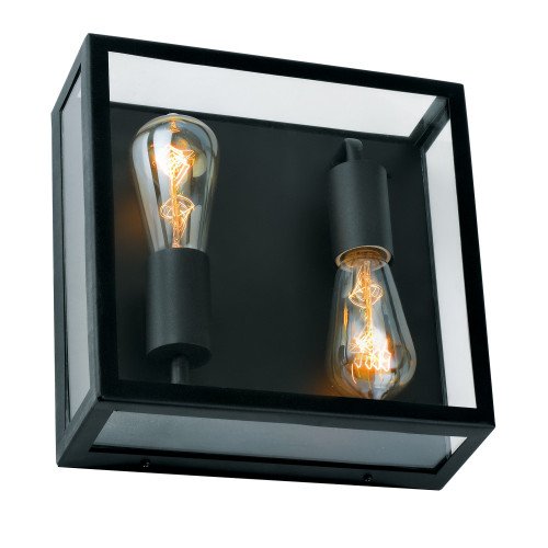 Plafondlamp stijlvol strak modern design, vierkant rvs frame met zwarte poedercoating, heldere beglazing, lichtbronnen 2x e27 zichtbaar, ook als wandlamp op te hangen