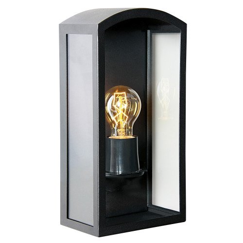 Zwarte wandlamp voor buiten met grote heldere beglazing, strak modern met een klassiek karakter, gevellamp met vlakke achterzijde