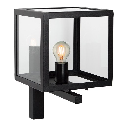 Zwarte RVS buitenlamp, modern box design verlichting voor buiten aan de wand, vierkante wandlamp met grote heldere glazen lichtbron is zichtbaar smalle zwarte wandsteun