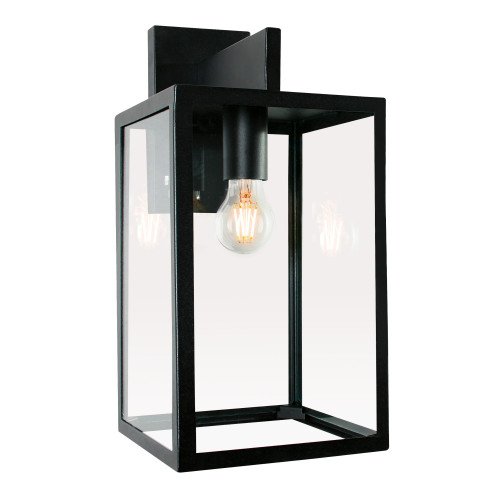 Zwarte design buitenlamp strak klassieke stijlvolle wandverlichting strak zwart frame, heldere beglazing, lichtbron zichtbaar, rechthoekige muurplaat