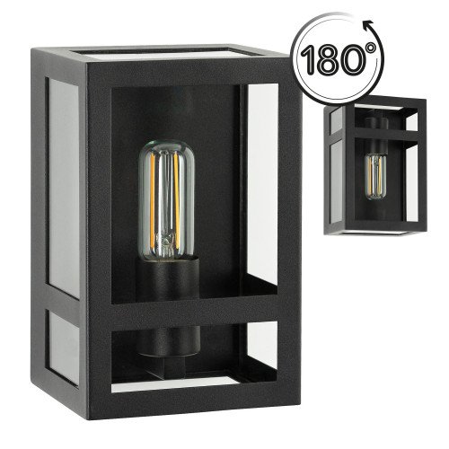 Wandlamp zwart voor buiten,  buitenlamp met zwart frame, helder glas, vlakke achterzijde, E27 fitting, urban stijl  gevelverlichting