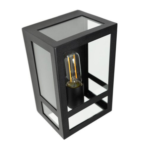 Wandlamp zwart voor buiten,  buitenlamp met zwart frame, helder glas, vlakke achterzijde, E27 fitting, urban stijl  gevelverlichting