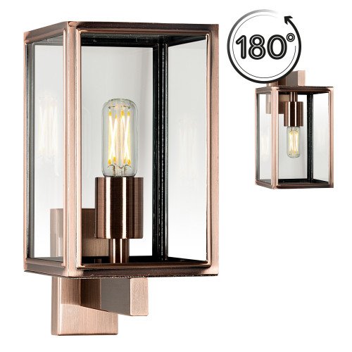 design buitenlamp, rvs vierkant frame met koper finish, groot helder glas, verlichting voor buiten aan de wand