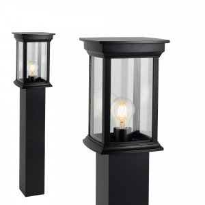 Buitenlamp Staand Zwart Carlton Terras, strak klassieke tuinlamp 80cm hoog, rechthoekige lantaarnkap met helder glazen, E27 fitting, mooie tuinverlichting