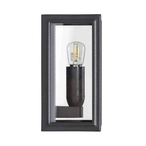 Zwarte RVS buitenlamp, met vlakke achterzijde, heldere beglazing en reflector voor prachtige verspreiding van het licht, modern box design buitenverlichting