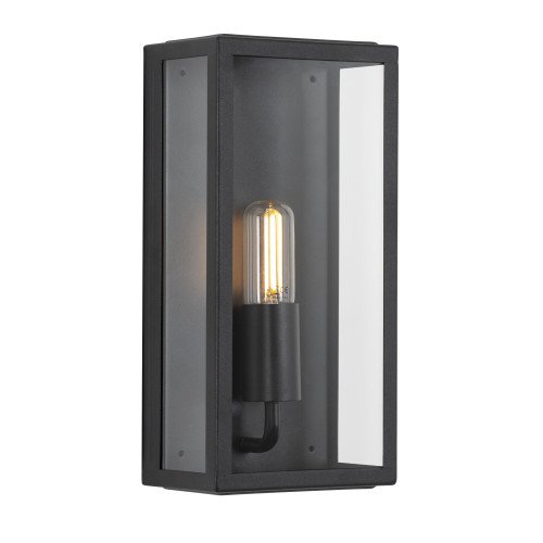 Zwarte wandlamp voor buiten met grote heldere beglazing, strak modern met een klassiek karakter, gevellamp met vlakke achterzijde