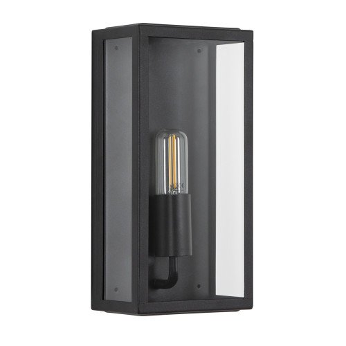 Zwarte wandlamp voor buiten met grote heldere beglazing, strak modern met een klassiek karakter, gevellamp met vlakke achterzijde