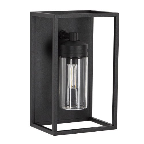 Buitenlamp Hudson zwart, moderne RVS wandverlichting voor buiten, buitenverlichting, sfeervol en functioneel, zwart frame helder stolpglas vlakke achterzijde, E27 fitting