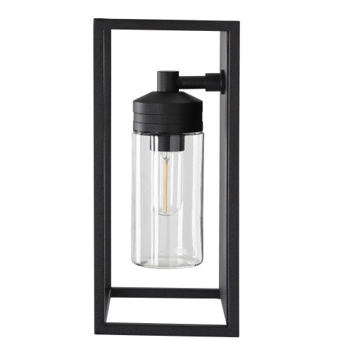 Buitenlamp Hudson zwart, moderne RVS wandverlichting voor buiten, buitenverlichting, sfeervol en functioneel, zwart frame helder stolpglas vlakke achterzijde, E27 fitting