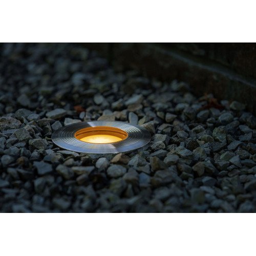 Ronde 12 volt spot Onyx 90 R1 met geribbeld RVS rand en warm wit licht